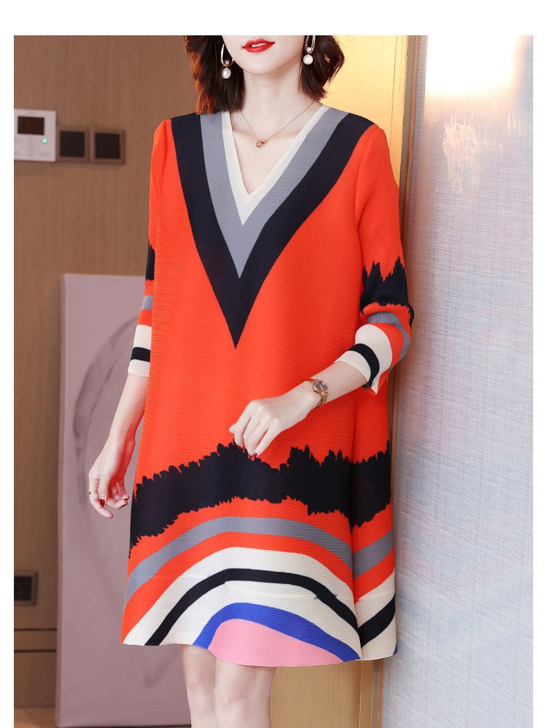 (imagen de) Vestido Midi Cuello en V profundo, manga con puño ajustado y tejido de canalé