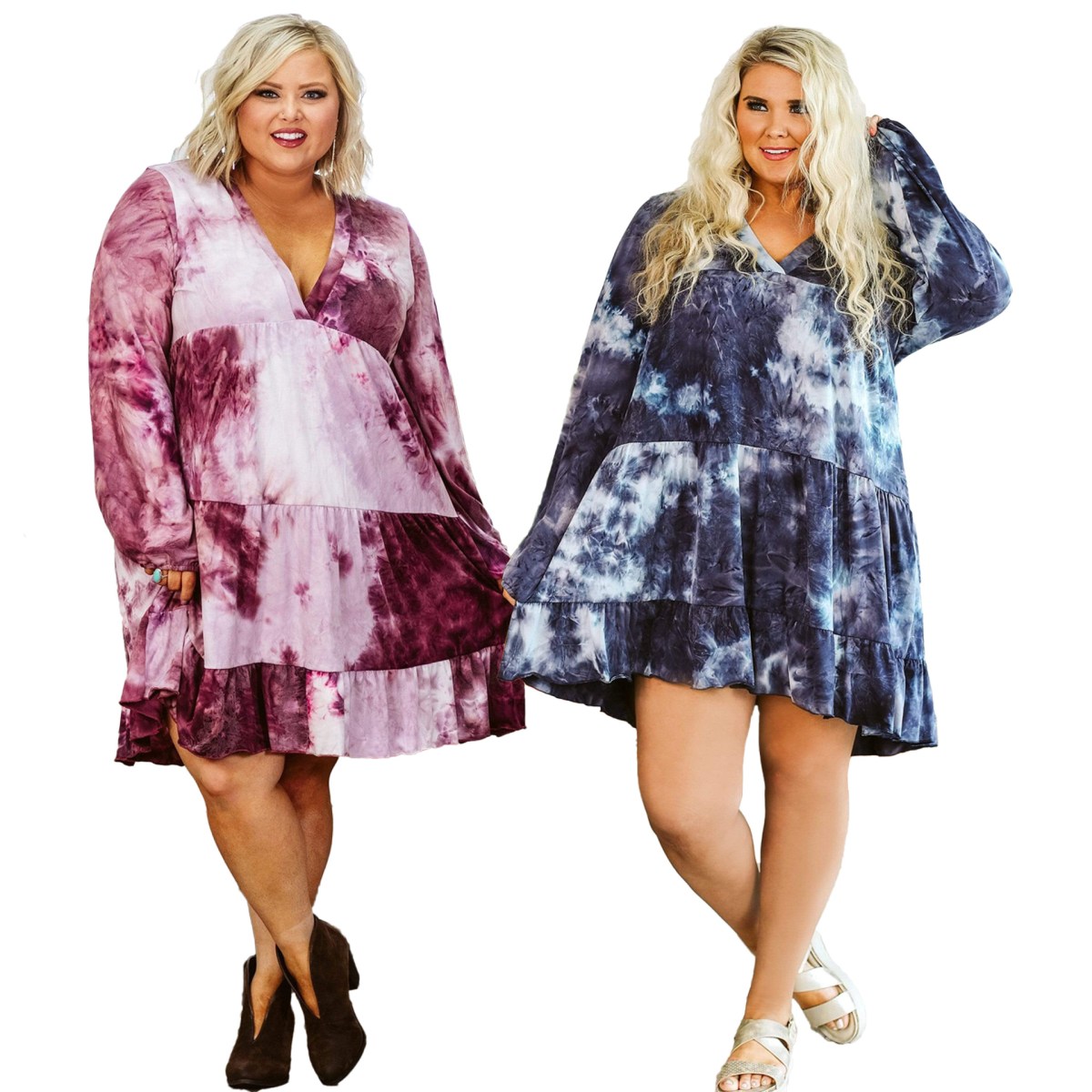 Vestido Midi Manga larga escote en V con estampado tie-dye y volantes (imagen de) Vestido Midi Manga larga escote en V con estampado tie-dye y volantes
