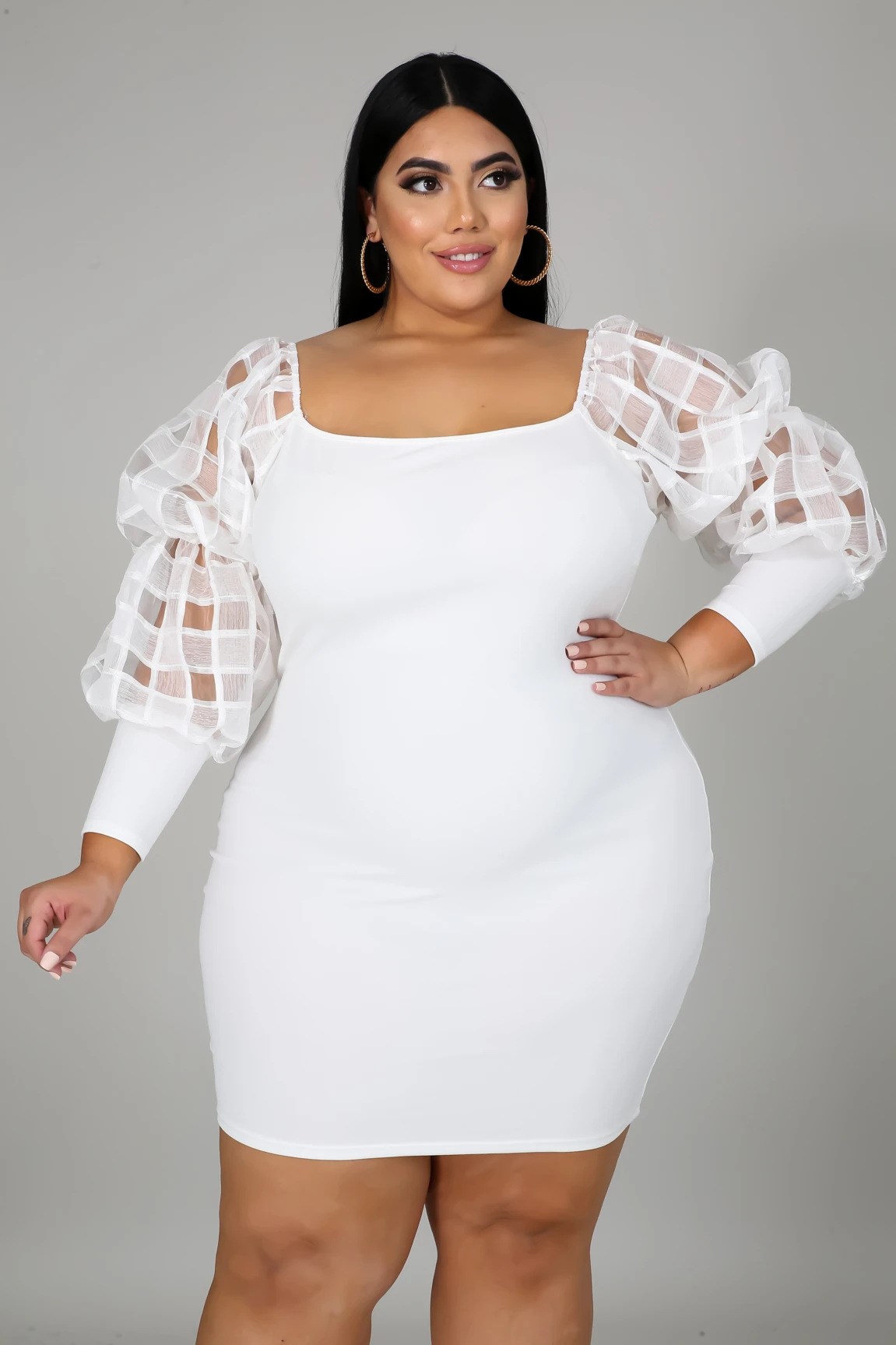 (imagen de) Vestido de punto Manga farol transparente con puño ajustado y escote cuadrado