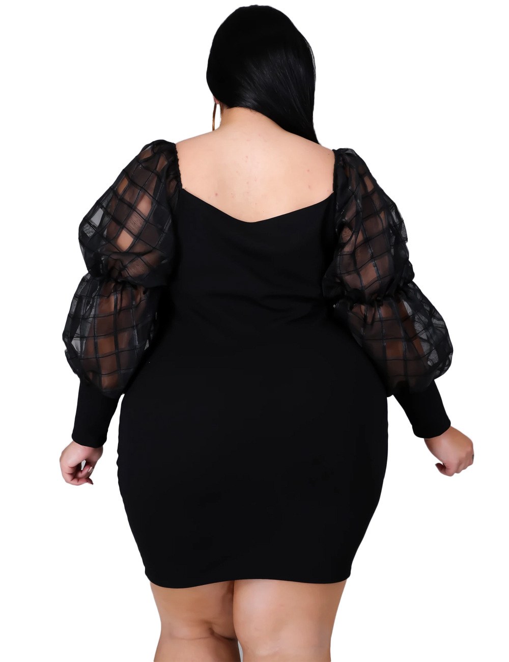 (imagen de) Vestido de punto Manga farol transparente con puño ajustado y escote cuadrado