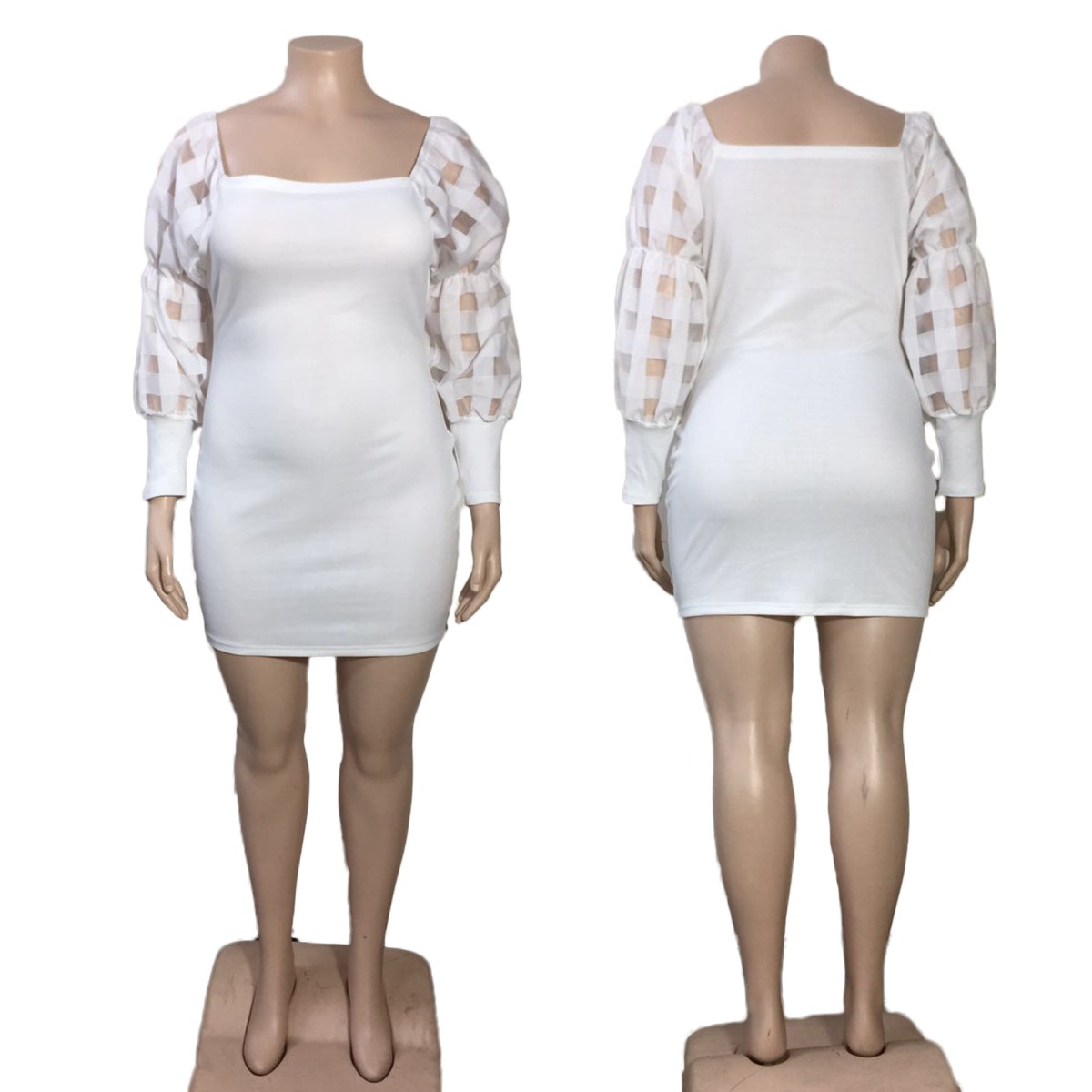 (imagen de) Vestido de punto Manga farol transparente con puño ajustado y escote cuadrado