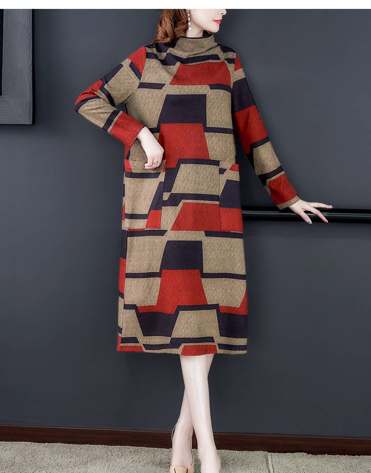 (imagen de) Vestido Midi cuello alto manga larga estampado geométrico