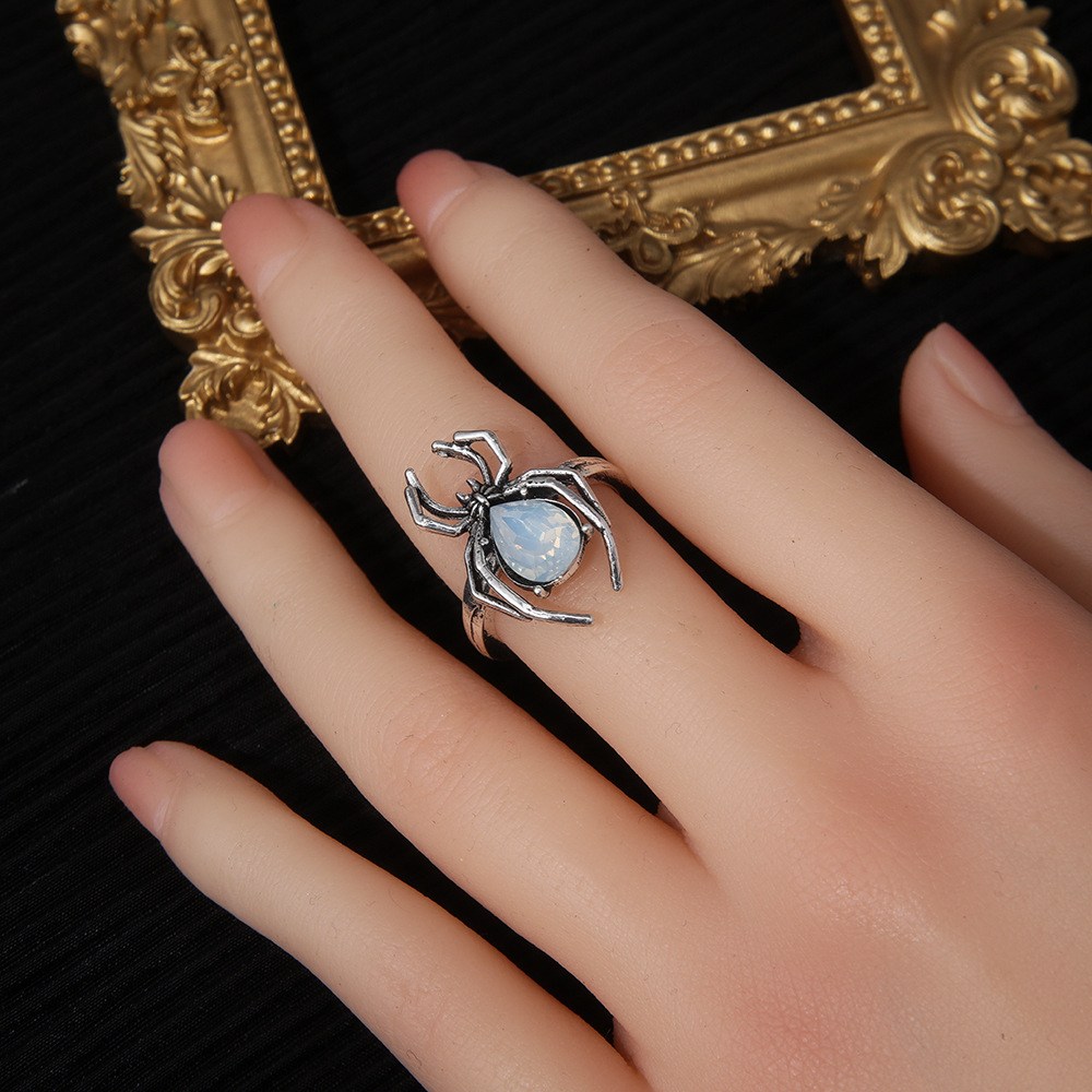 (image for) Spider-shaped ring with teardrop stone, silver-tone