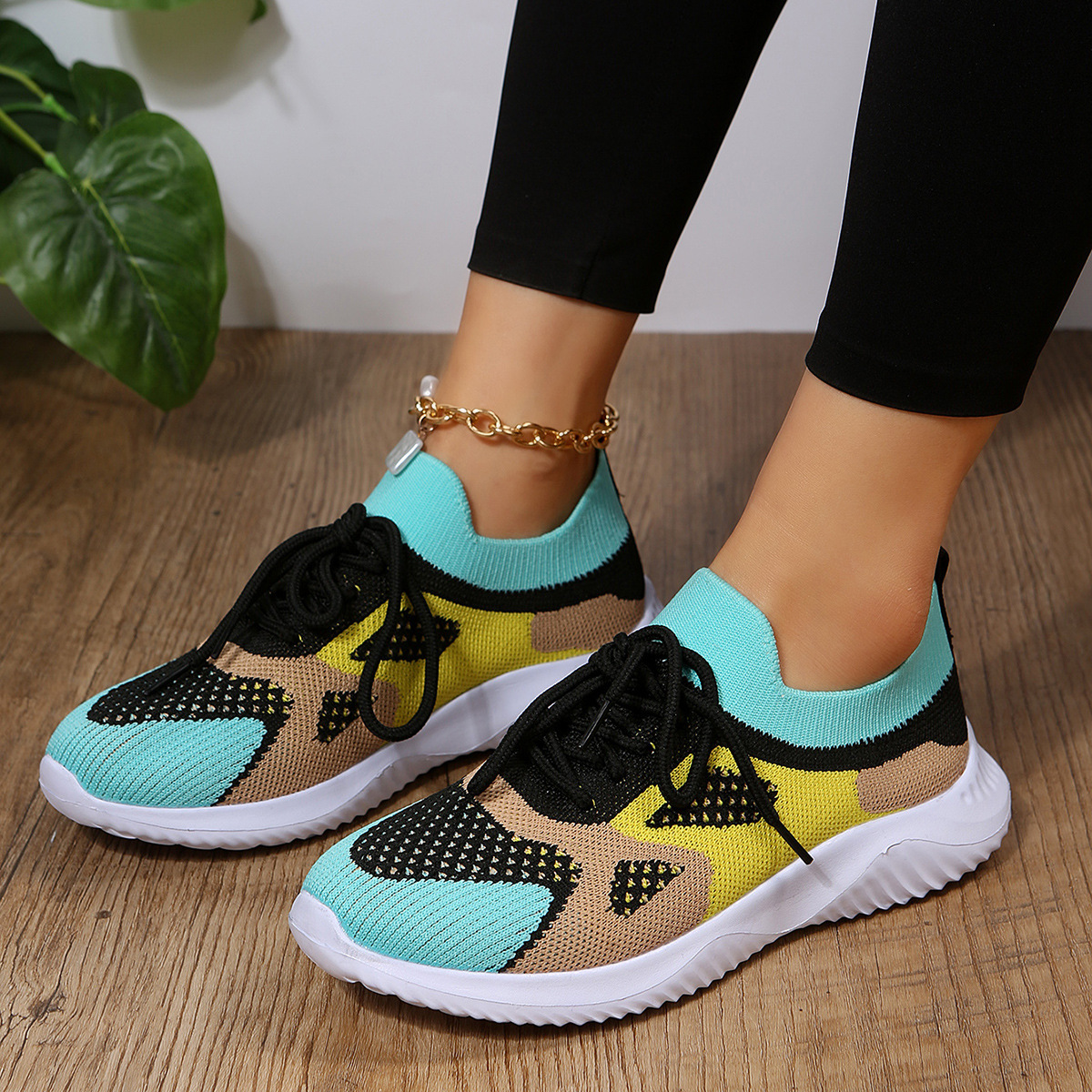 Sock-style lace-up sneaker with white sole (image for) Sock-style lace-up sneaker with white sole