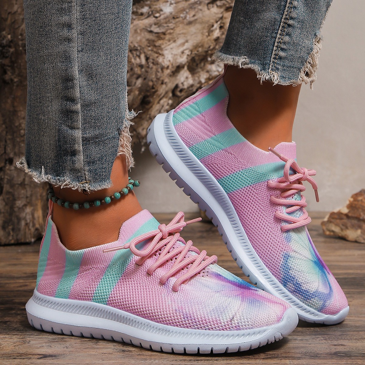 Knit Lace-Up Sneaker with Striped Detail (image for) Knit Lace-Up Sneaker with Striped Detail