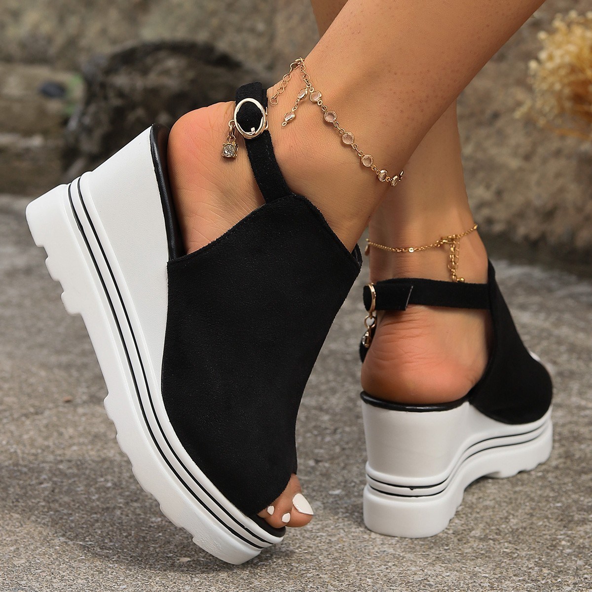 (image for) Peep-toe wedge bootie sandal with ankle buckle
