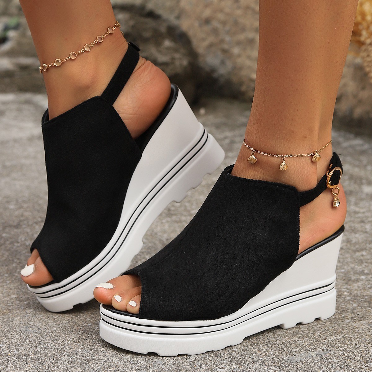 (image for) Peep-toe wedge bootie sandal with ankle buckle