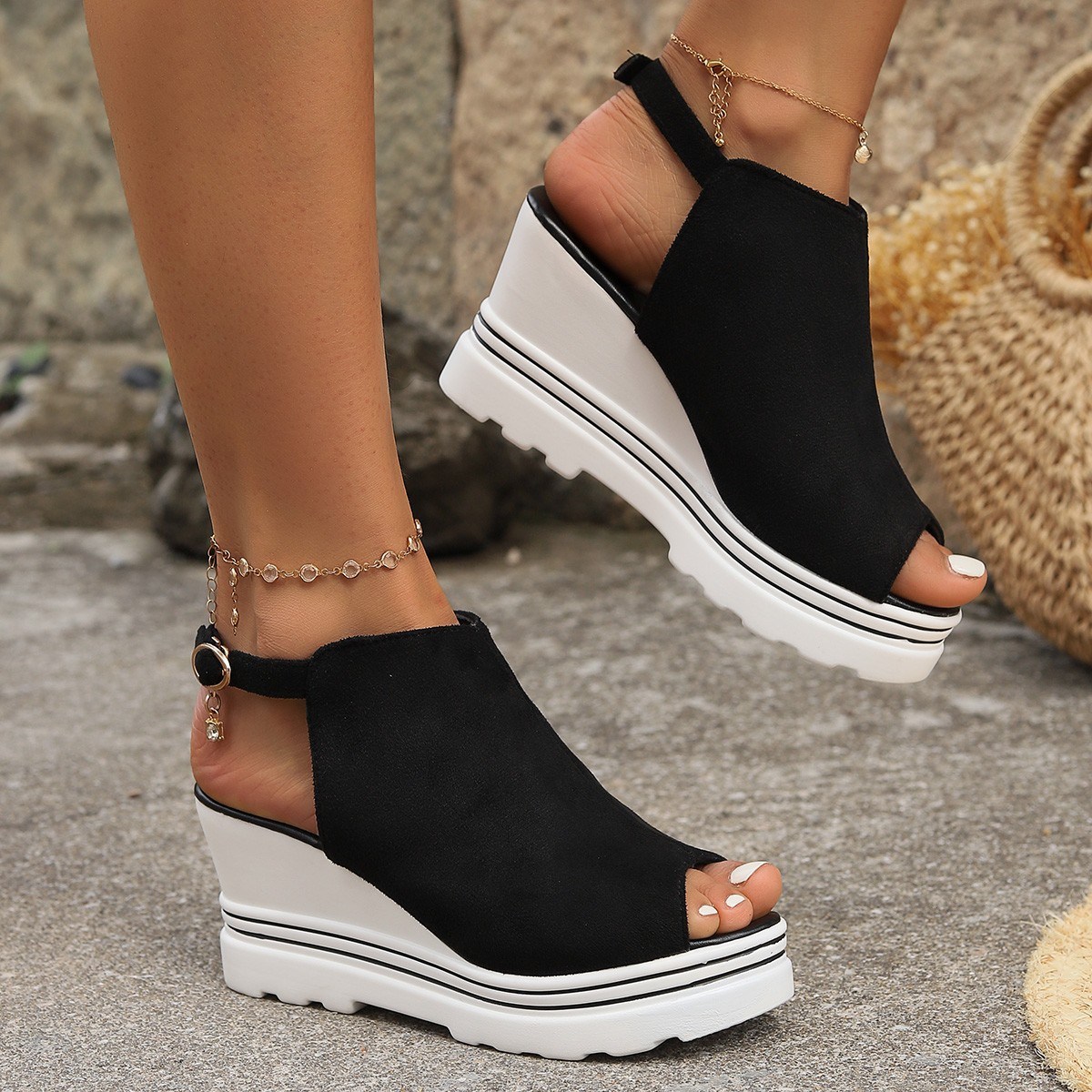 (image for) Peep-toe wedge bootie sandal with ankle buckle