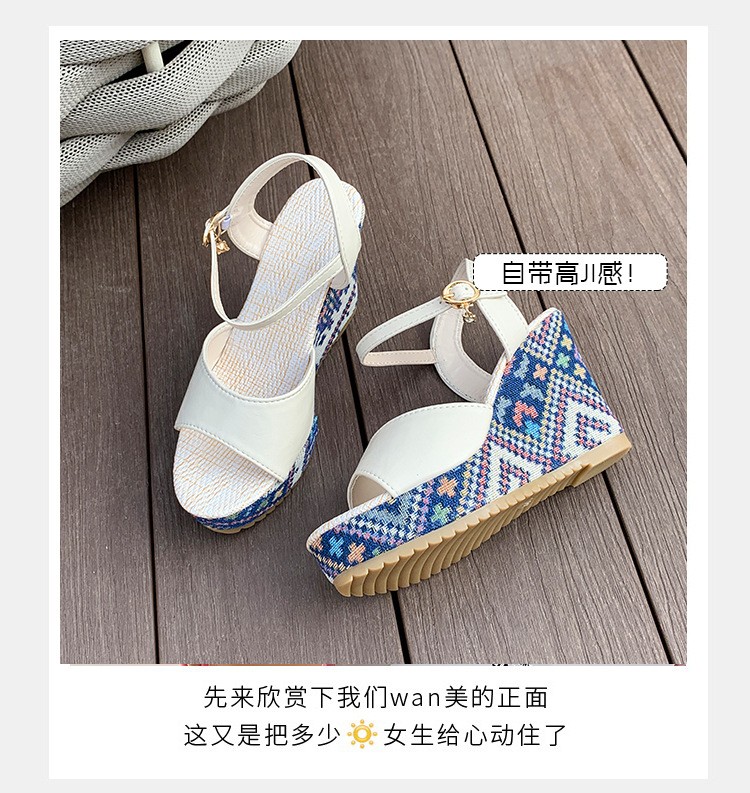 (image for) Espadrille-style wedge with patterned upper and buckle ankle strap