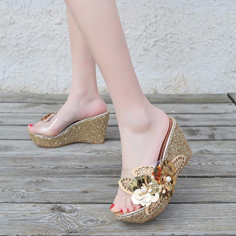 (image for) Floral-detail platform mule with a luminous seasonal finish