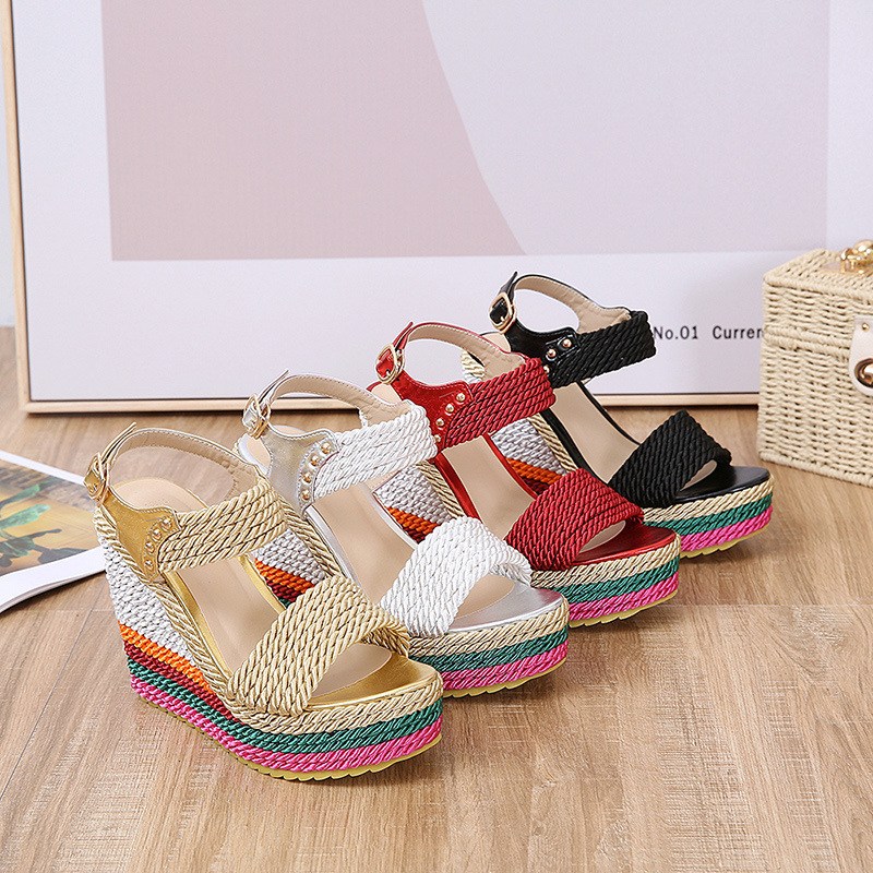 (image for) Braided rope wedge sandal with layered striped platform