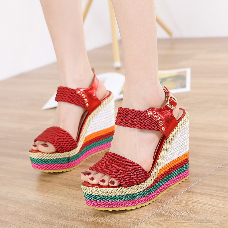 (image for) Braided rope wedge sandal with layered striped platform
