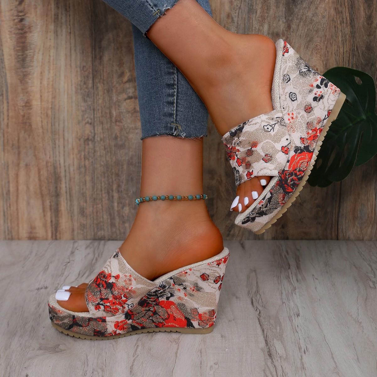 (image for) Wedge clog mule with covered upper and seasonal graphic look