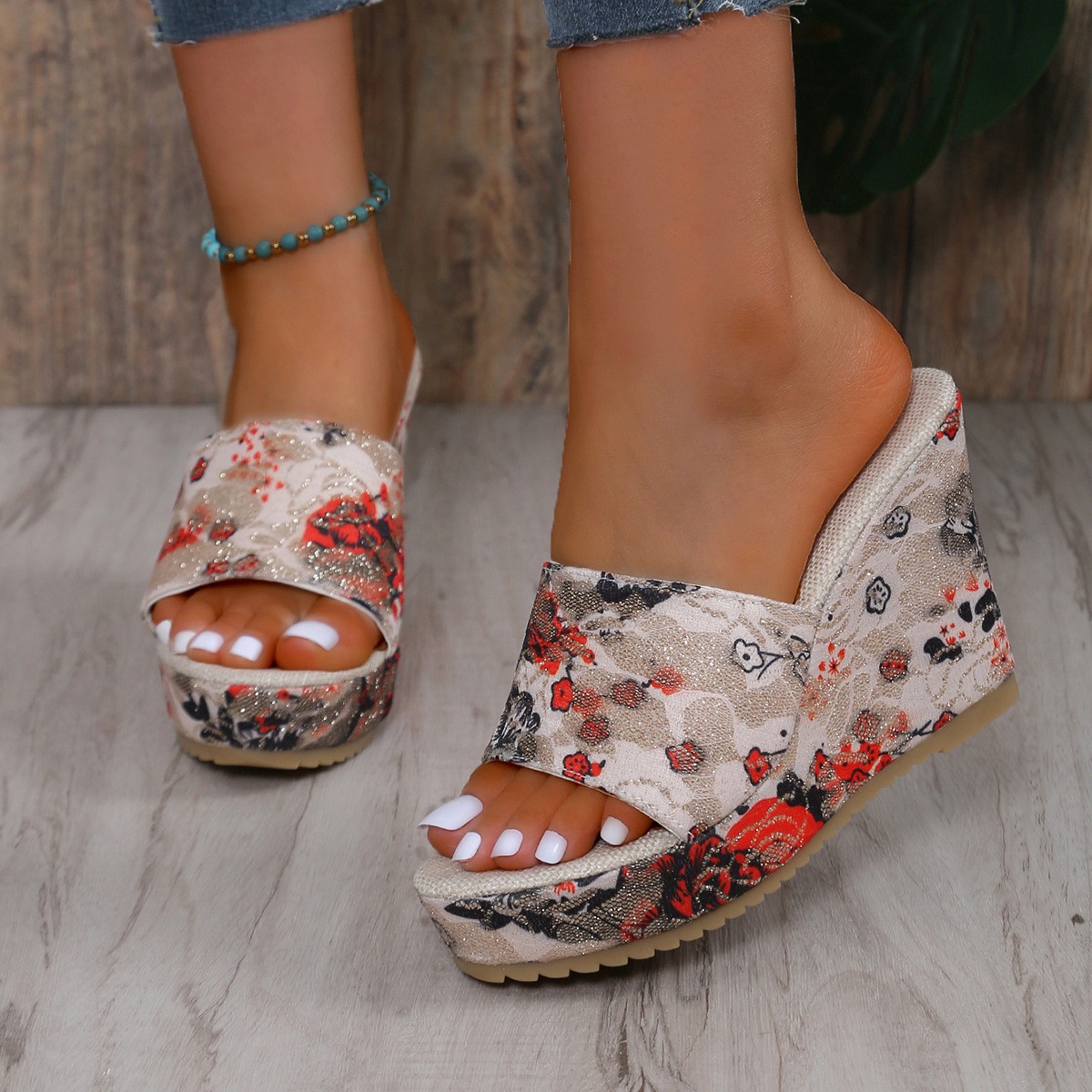 (image for) Wedge clog mule with covered upper and seasonal graphic look
