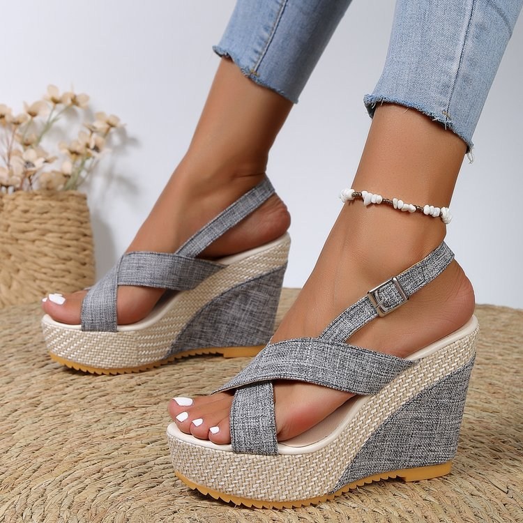 (image for) Espadrille wedge with crossover textile straps and buckle