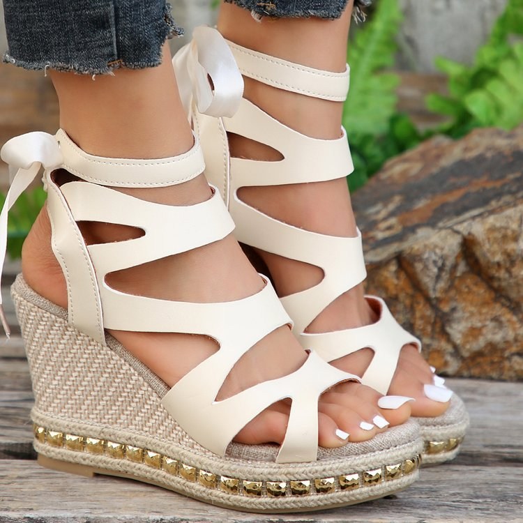 Ankle‑tie espadrille wedge with cutout straps (image for) Ankle‑tie espadrille wedge with cutout straps