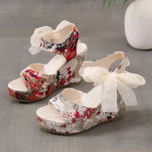(image for) Floral textile wedge sandal with side bow and platform