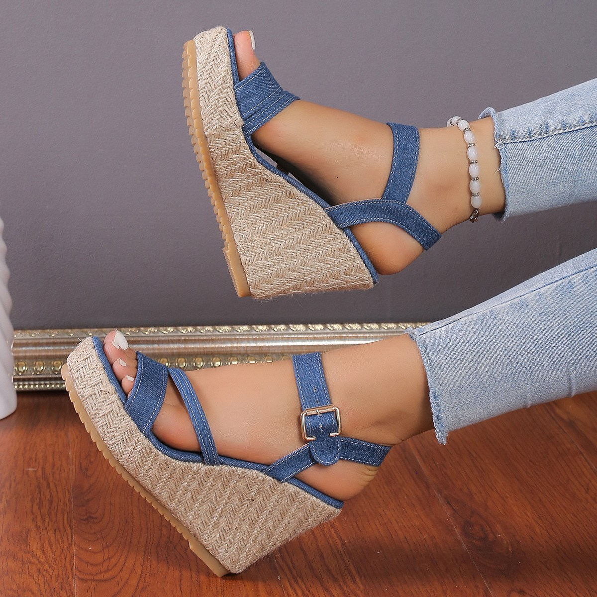 (image for) Espadrille wedge sandal with crossover straps and adjustable ankle strap
