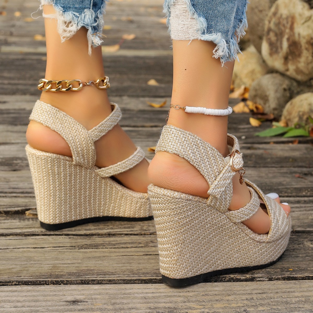 (image for) Woven wedge sandals with crisscross straps and ankle buckle