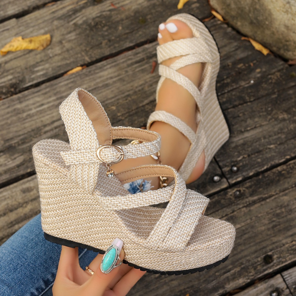 (image for) Woven wedge sandals with crisscross straps and ankle buckle