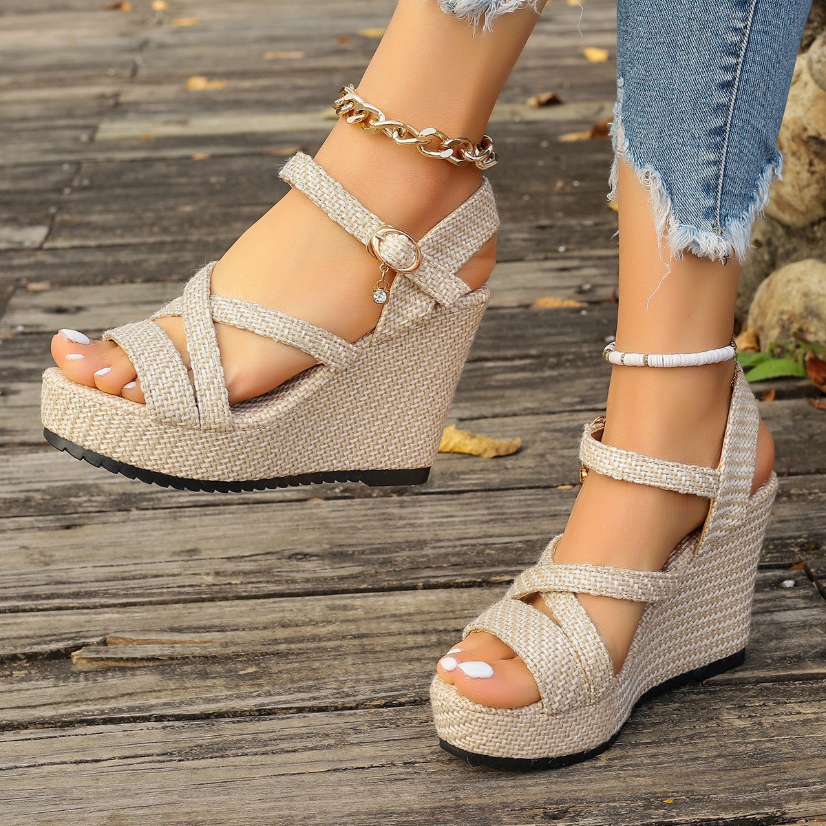 (image for) Woven wedge sandals with crisscross straps and ankle buckle
