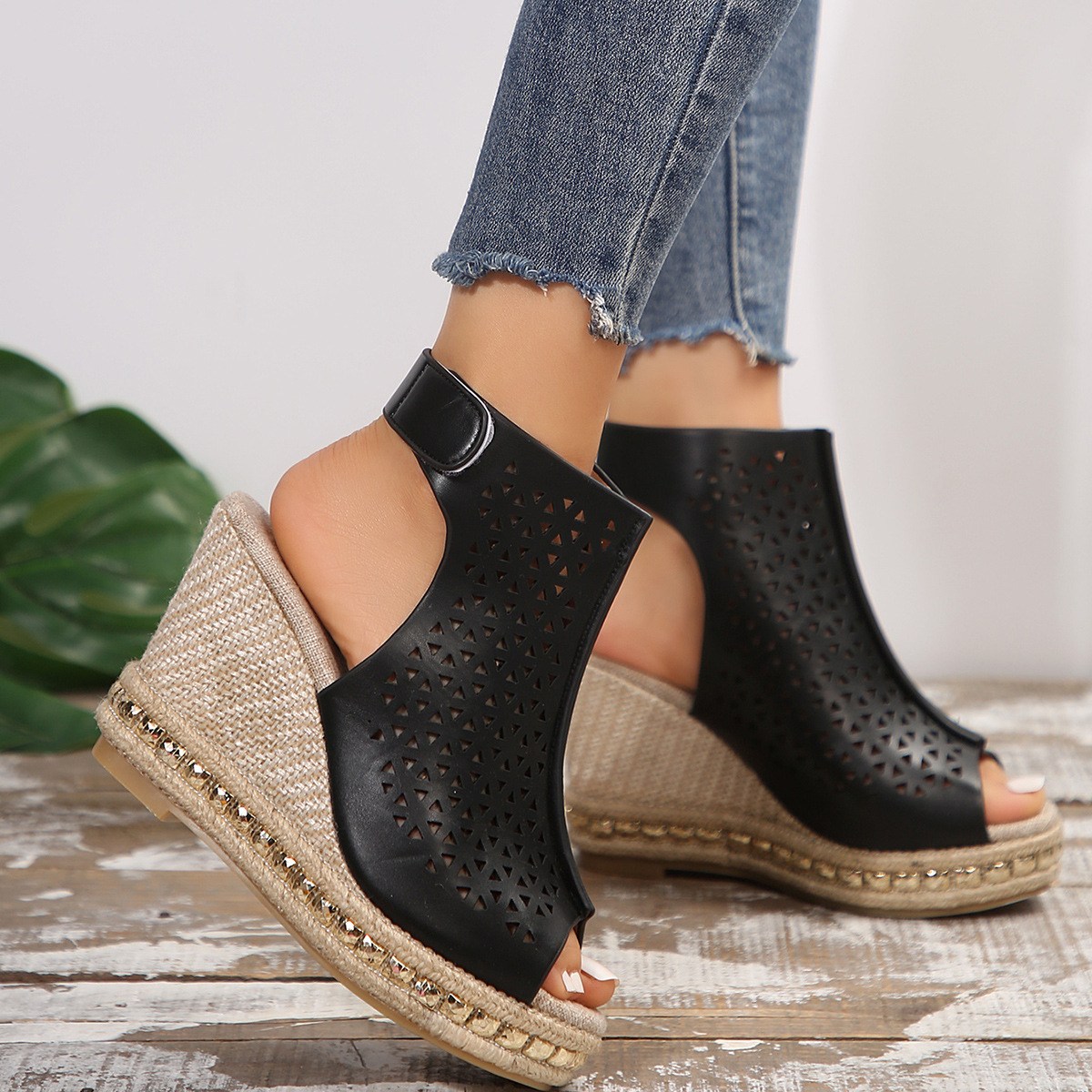 (image for) Laser-cut espadrille wedge with adjustable strap