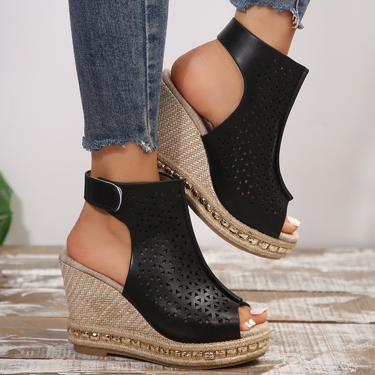 (image for) Laser-cut espadrille wedge with adjustable strap