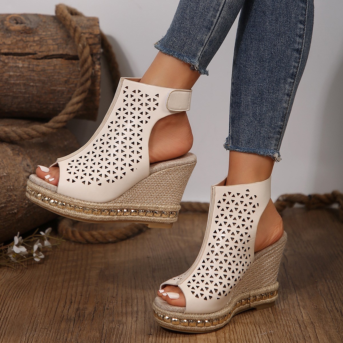 (image for) Laser-cut espadrille wedge with adjustable strap