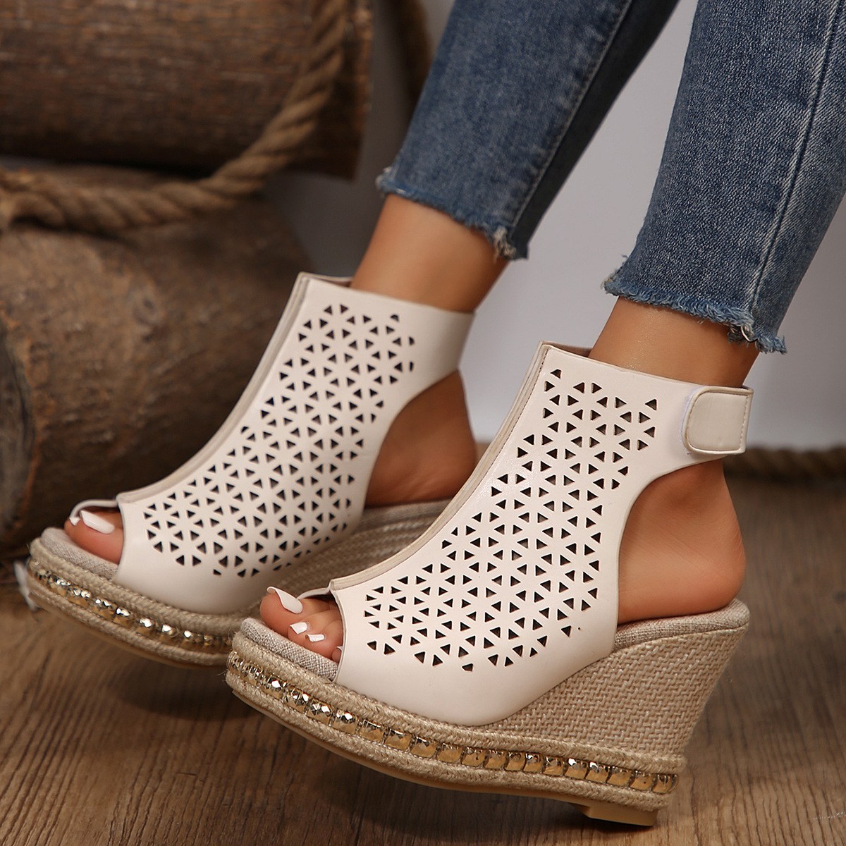 (image for) Laser-cut espadrille wedge with adjustable strap