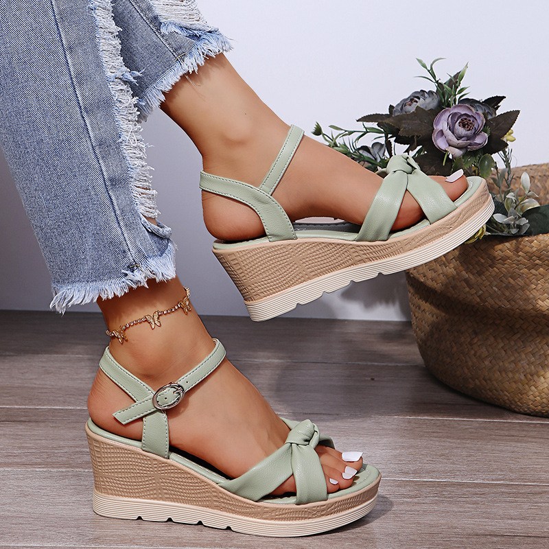 (image for) Knotted front wedge sandal with adjustable ankle strap