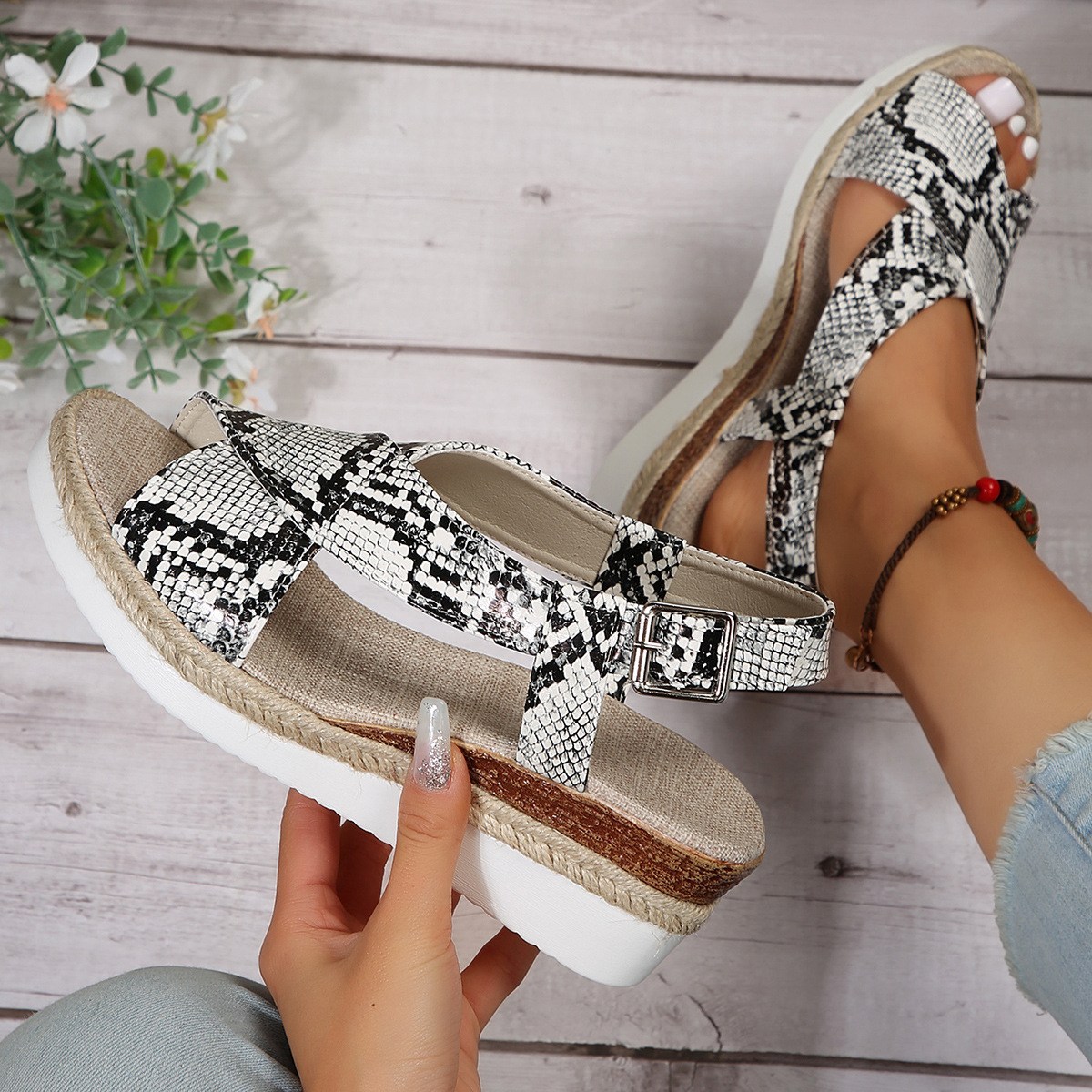(image for) Espadrille wedge slide with bow detail and trend pattern finish
