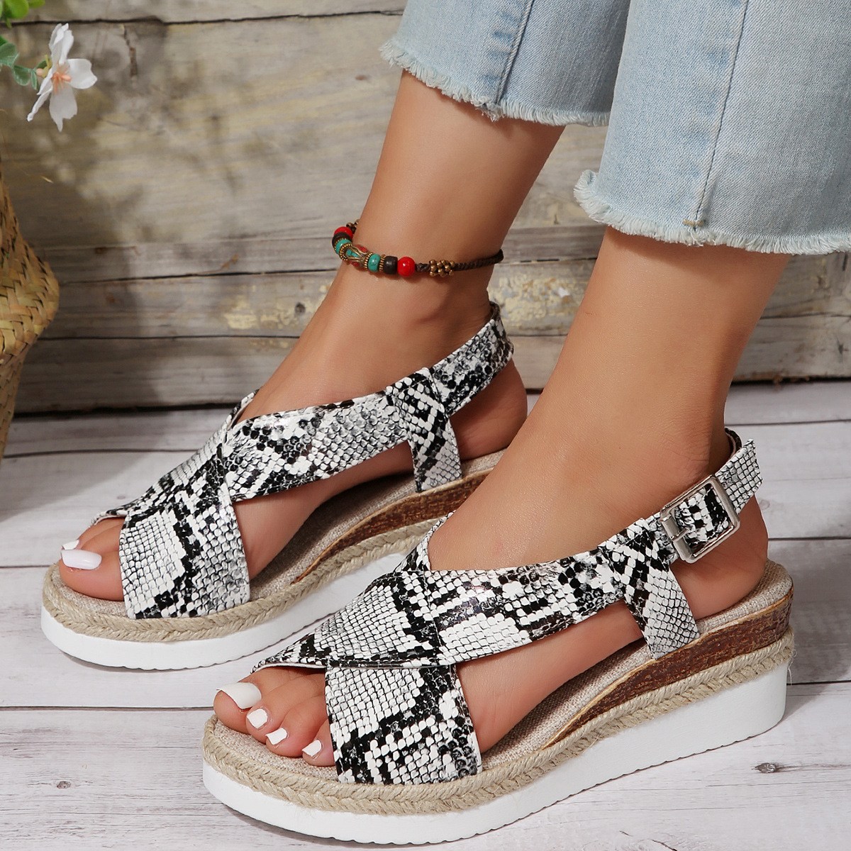(image for) Espadrille wedge slide with bow detail and trend pattern finish
