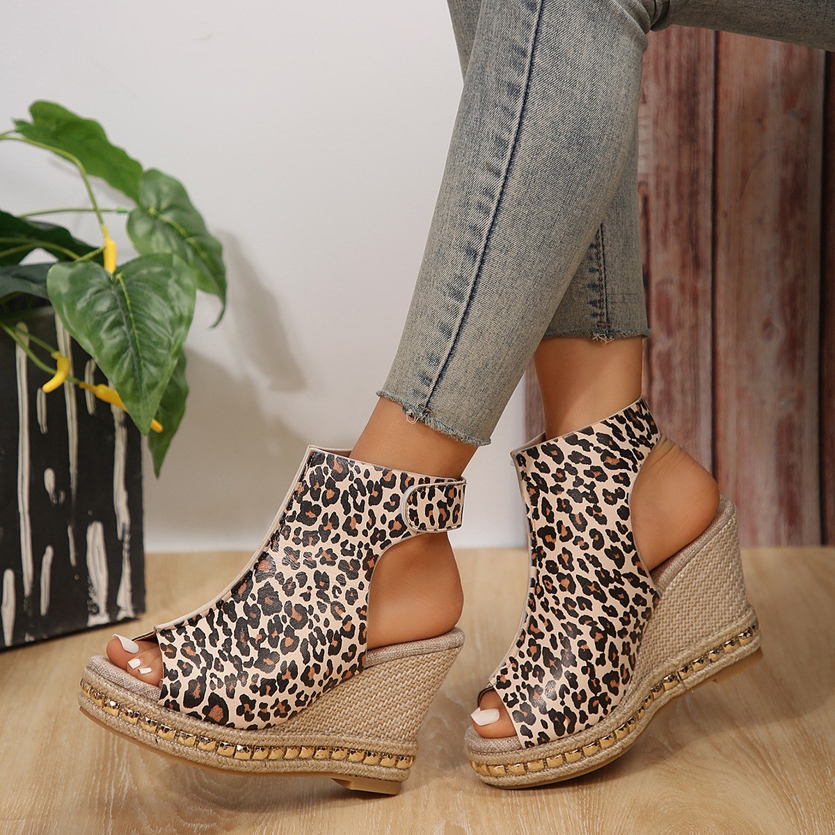 (image for) High-vamp espadrille wedge sandal with animal print