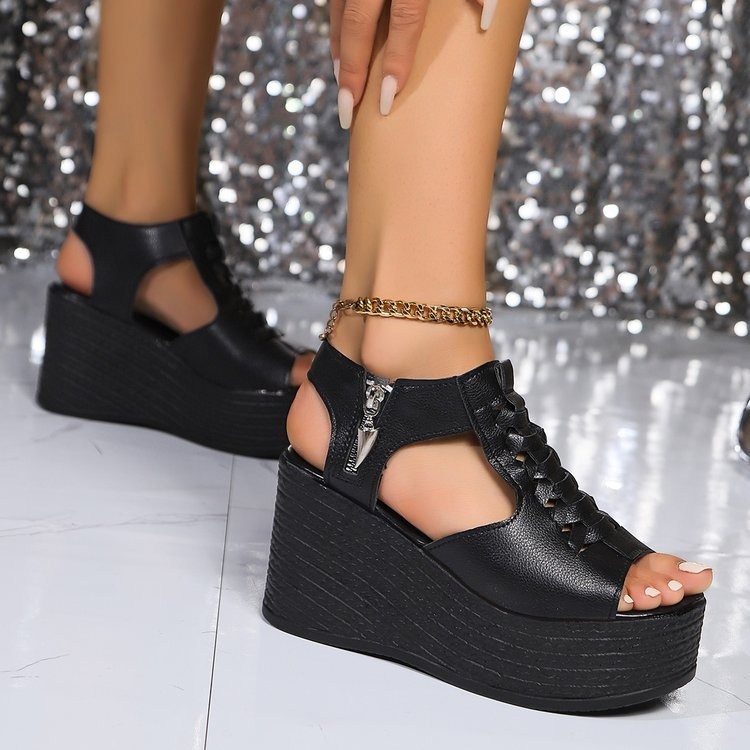 (image for) Wedge platform sandal with woven vamp and side zip