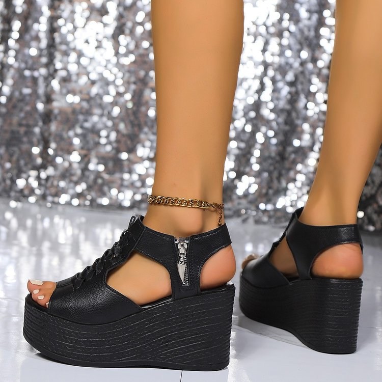 (image for) Wedge platform sandal with woven vamp and side zip