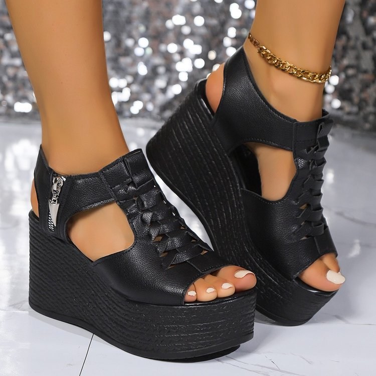 (image for) Wedge platform sandal with woven vamp and side zip