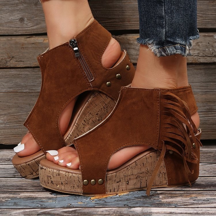 (image for) Fringed Wedge Sandal with Cork-look Platform and Side Zip