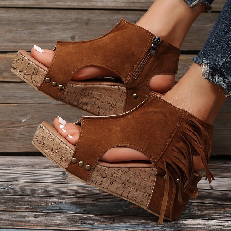 (image for) Fringed Wedge Sandal with Cork-look Platform and Side Zip