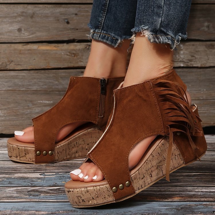 (image for) Fringed Wedge Sandal with Cork-look Platform and Side Zip