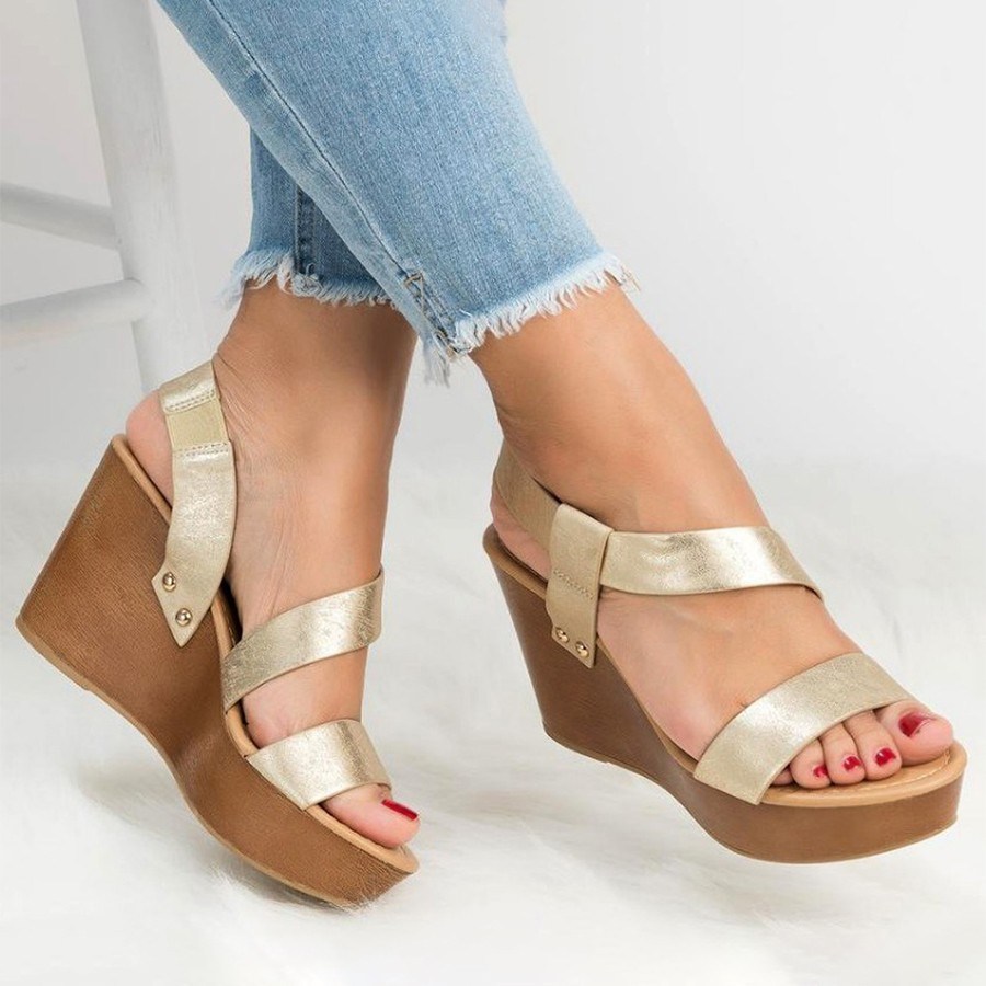 (image for) Cross-strap wedge sandal with wood-look platform