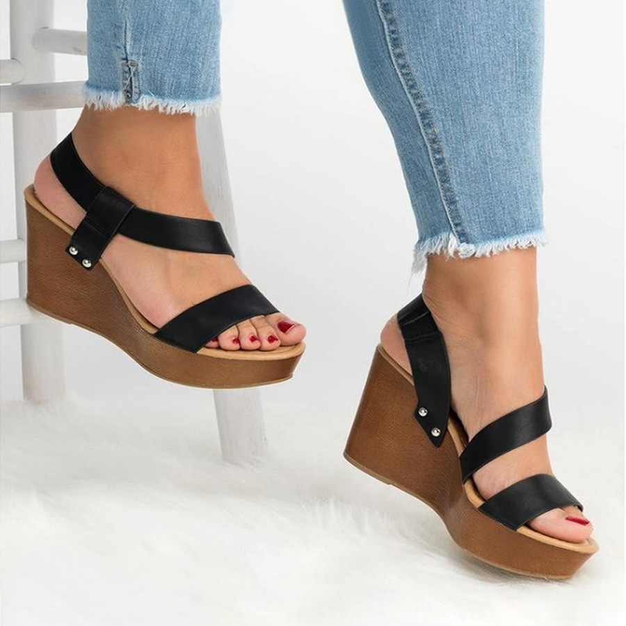 (image for) Cross-strap wedge sandal with wood-look platform