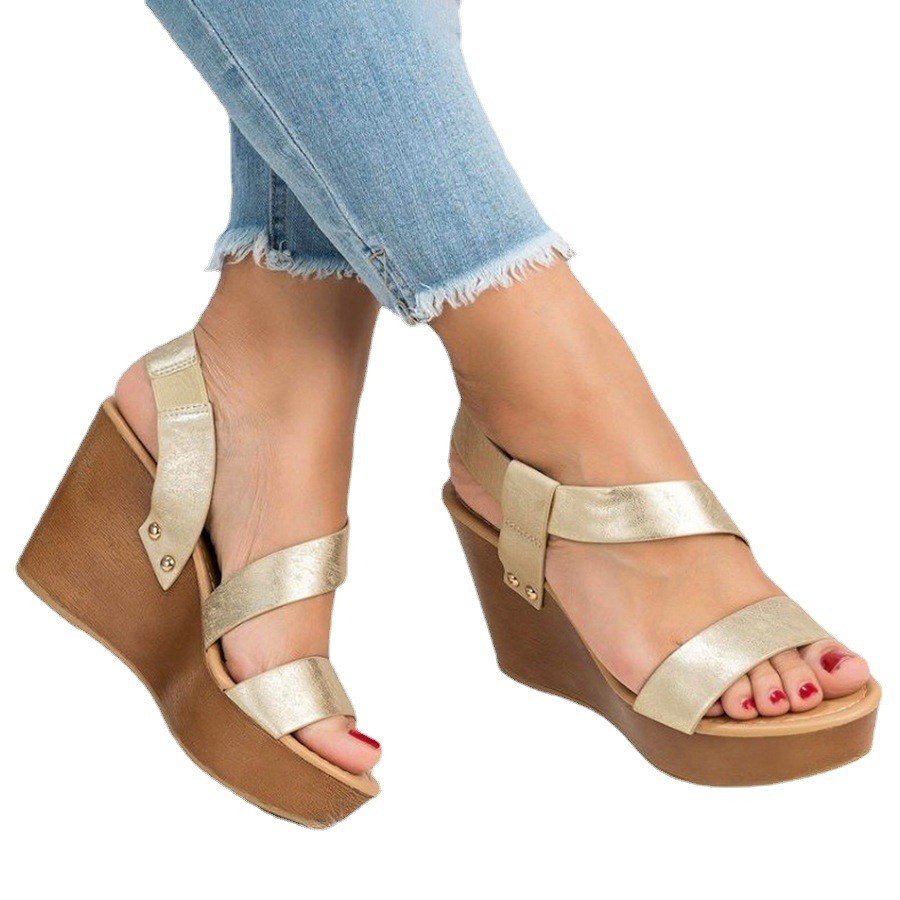 (image for) Cross-strap wedge sandal with wood-look platform