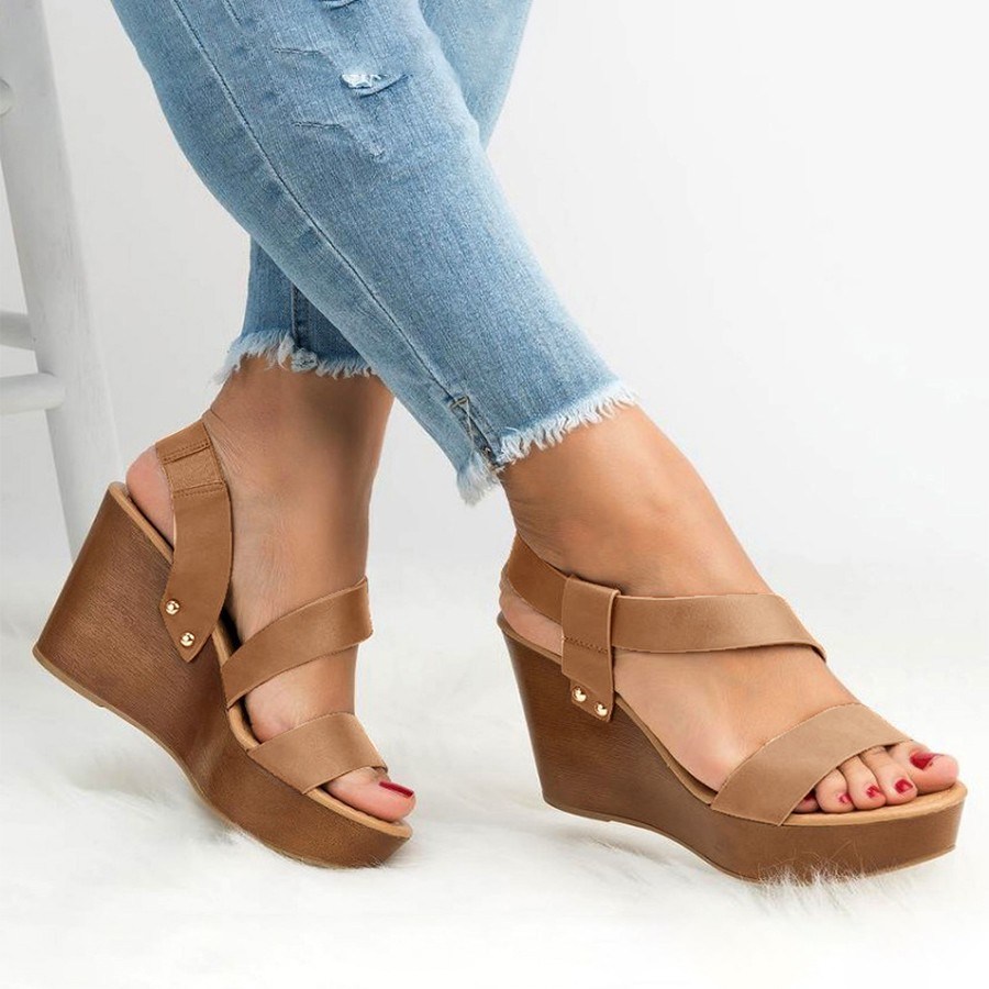 (image for) Cross-strap wedge sandal with wood-look platform