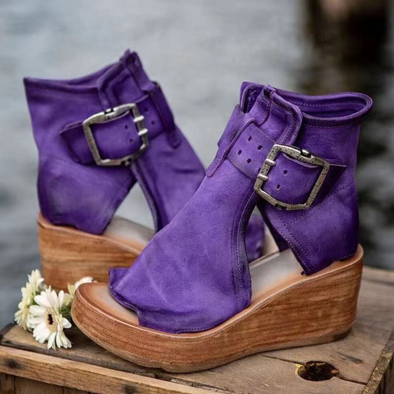 (image for) Wedge peep‑toe bootie with oversized buckles