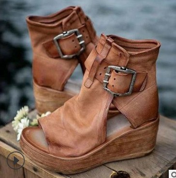(image for) Wedge peep‑toe bootie with oversized buckles