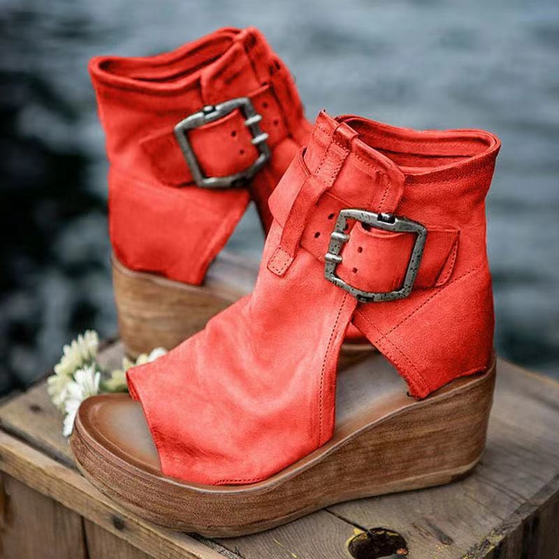 (image for) Wedge peep‑toe bootie with oversized buckles