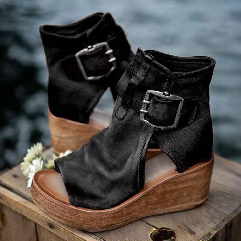 (image for) Wedge peep‑toe bootie with oversized buckles