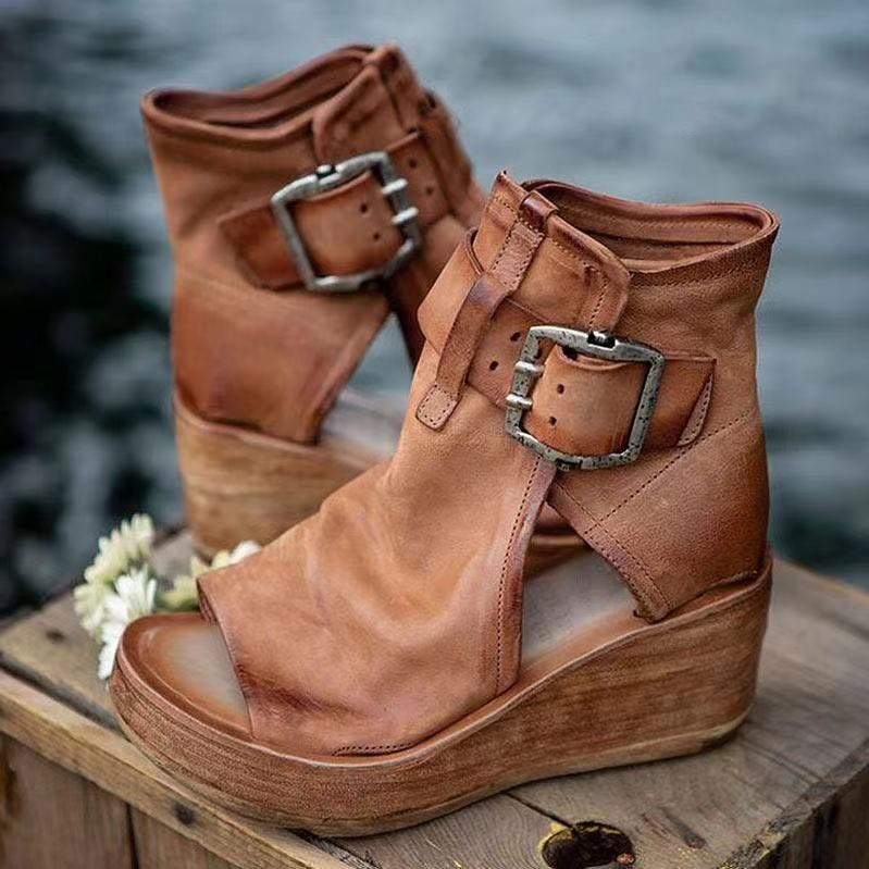 (image for) Wedge peep‑toe bootie with oversized buckles