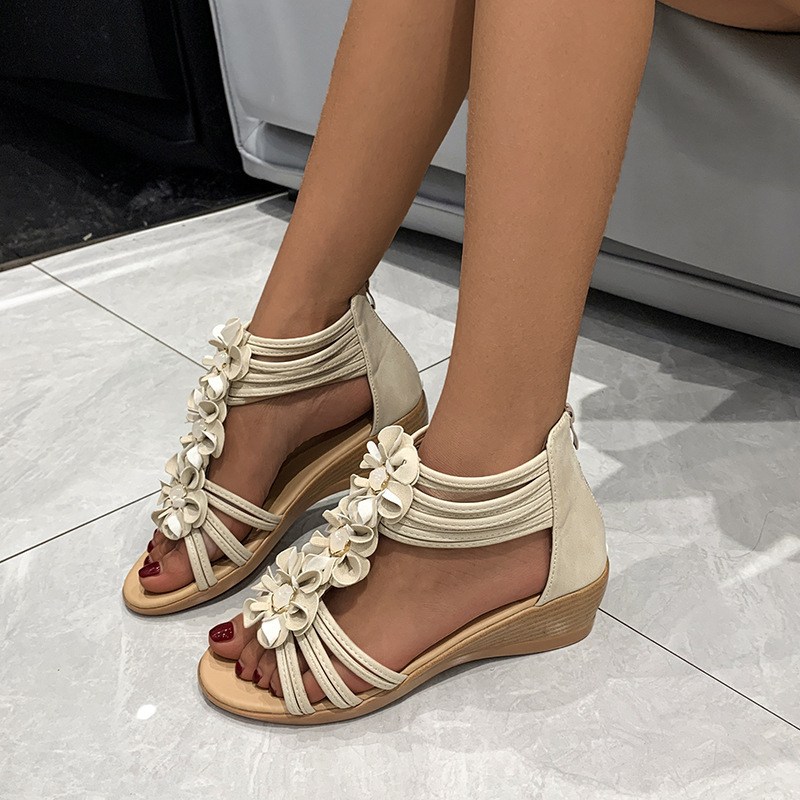(image for) Back-zip low wedge sandal with 3D floral straps