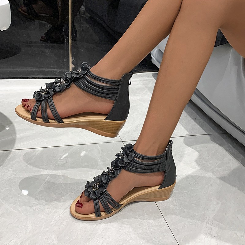 (image for) Back-zip low wedge sandal with 3D floral straps